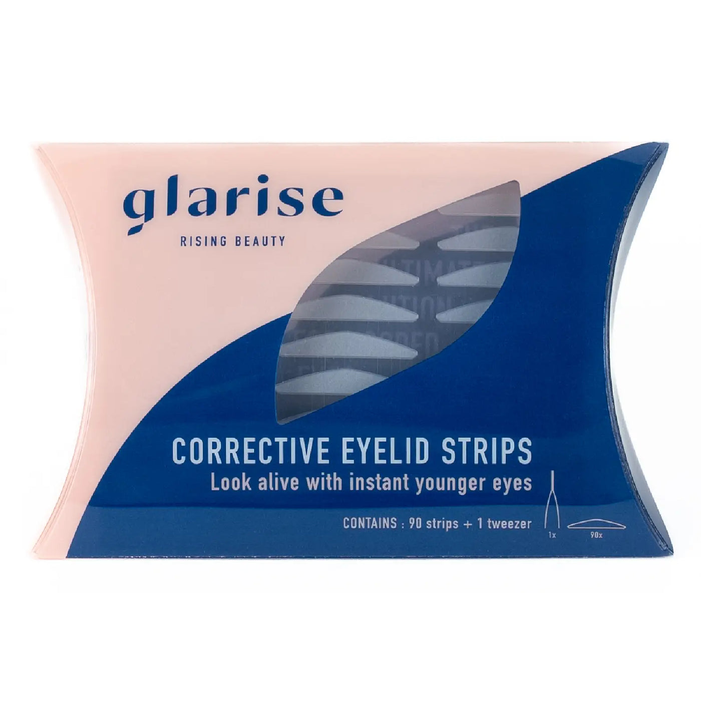Close-up of GLARISE Corrective Eyelid Strips applied near the upper eyelid