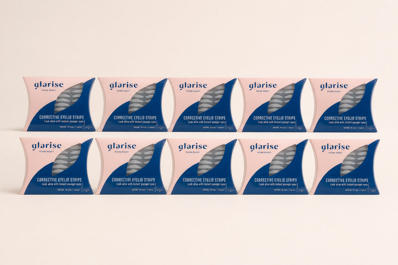 Ten GLARISE Corrective Eyelid Strips boxes arranged in two rows of five