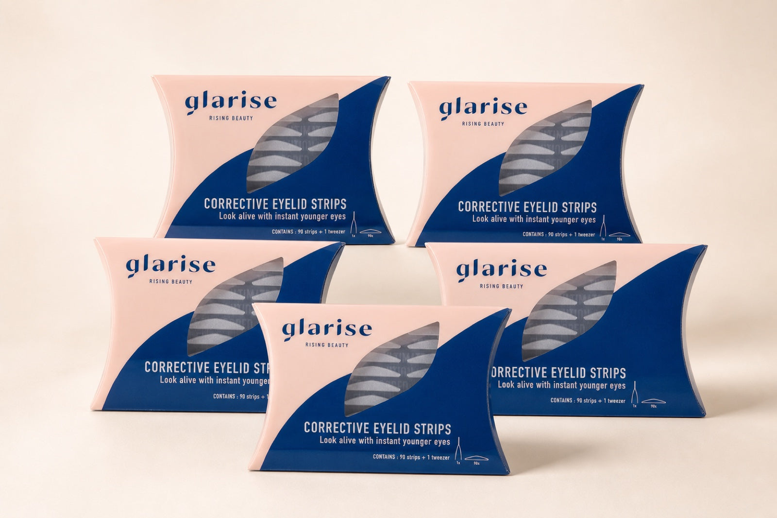 Five GLARISE Corrective Eyelid Strips boxes in a clearly countable arrangement